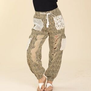 POL Sand Leopard Patchwork Joggers in Black and Cream